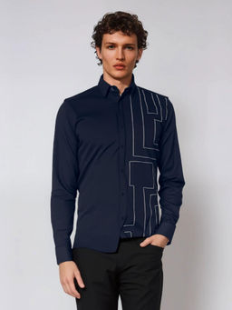 HE SPOKE - Navy Geometric Embroidered Casual Shirt
