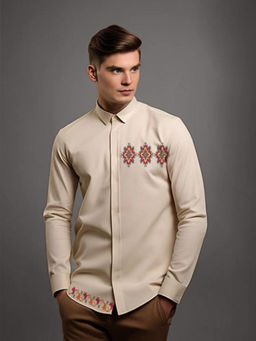 HE SPOKE - Cream Conversational Printed Casual Shirt