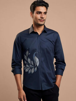 HE SPOKE - Navy Conversational Printed Casual Shirt