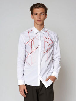 HE SPOKE - White Geometric Embroidered Casual Shirt