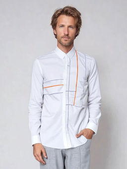HE SPOKE - White Geometric Embroidered Casual Shirt