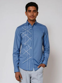 HE SPOKE - Blue Geometric Embroidered Casual Shirt