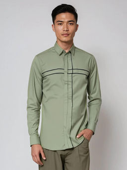 HE SPOKE - Green Geometric Embroidered Casual Shirt
