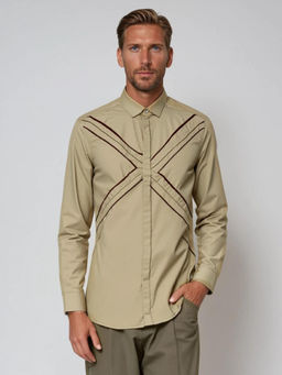 HE SPOKE - Cream Geometric Embroidered Casual Shirt