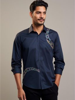 HE SPOKE - Navy Graphic Printed Casual Shirt
