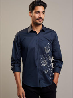 HE SPOKE - Navy Floral Printed Casual Shirt