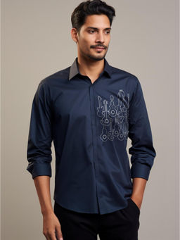 HE SPOKE - Navy Conversational Printed Casual Shirt