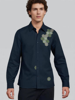 HE SPOKE - Navy Geometric Printed Casual Shirt