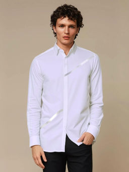 HE SPOKE - White Geometric Foil Printed Casual Shirt