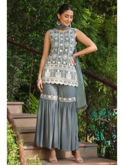 Juniper - Grey Embroidered Kurta with Sharara and Dupatta (Set of 3)