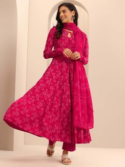 Libas - Pink Printed Anarkali Kurta with Pant and Dupatta (Set of 3)