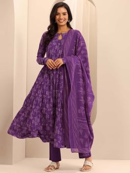 Libas - Purple Printed Anarkali Kurta with Pant and Dupatta (Set of 3)