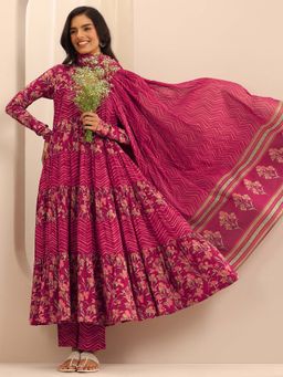 Libas - Pink Floral Anarkali Kurta with Pant and Dupatta (Set of 3)