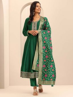 Libas - Green Floral Anarkali Kurta with Pant and Dupatta (Set of 3)
