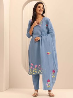 Libas - Blue Floral Kurta with Palazzo and Dupatta (Set of 3)
