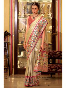 Mysilklove - Cream Woven Saree with Unstitched Blouse