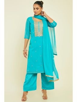 Soch - Women Turquoise Chanderi Dress Material (Set of 3)
