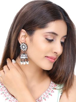 Yellow Chimes - White and Gunmetal Toned Stone Studded Oxidised Dome Shaped Jhumkas