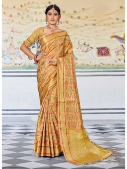 Sangam Prints - Beige Zari Woven Work Traditional Tassel Saree with Unstitched Blouse