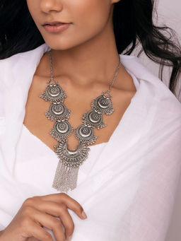 Indya - Oxidized Silver Bohemian Tassel Necklace
