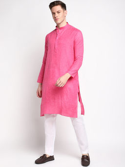 Devoiler - Men Self Design Pink Cotton Kurta
