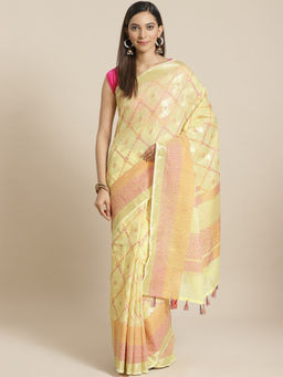 Indethnic - Banarasi Yellow Woven Design Work Wear Saree With Unstitched Blouse