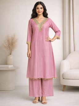 Gahan - Women Light Pink Solid A-Line Mirror Yoke with Coin lace detailing Kurta with Palazzo