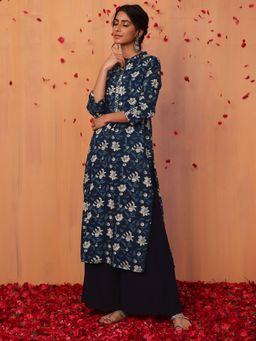 Indya - Blue Abstract Print Embroidered Straight Kurta