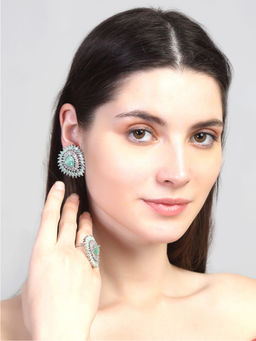 Yellow Chimes - Ad Studded Rhodium-Plated Geometric Ring with Earrings Set for Women