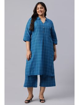Aurelia - Blue Check Print Shirt Collar Plus Size Kurta