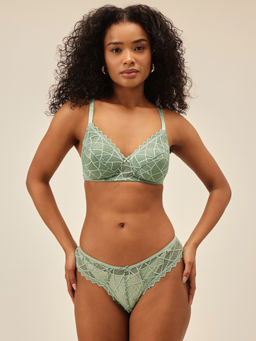 Chelvet - Women Padded Non-Wired Lace Green T-Shirt Bra