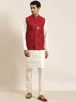 SOJANYA - Men Silk Blend Cream Kurta & Churidar Pyjama with Mirror Work Nehru Jacket (Set of 3)