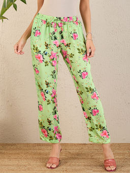First Resort by Ramola Bachchan - Mint Green & Pink Garden Print Straight Pant