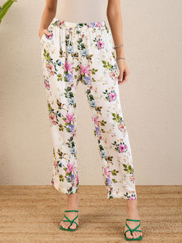 First Resort by Ramola Bachchan - White & Pink Garden Print Straight Pant