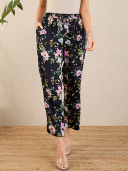First Resort by Ramola Bachchan - Black & Pink Garden Print Straight Pant