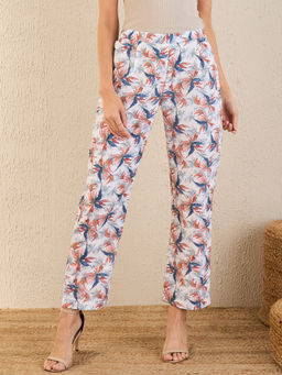 First Resort by Ramola Bachchan - White & Indigo Blue Botanical Print Schiffli Straight Pant
