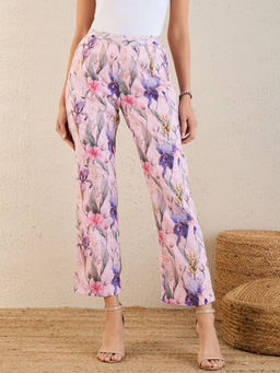 First Resort by Ramola Bachchan - Baby Pink & Mauve Botanical Print Schiffli Straight Pant