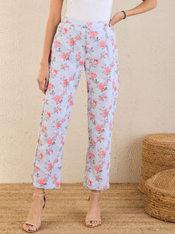 First Resort by Ramola Bachchan - Ice Blue & Pink Floral Print Schiffli Straight Pant