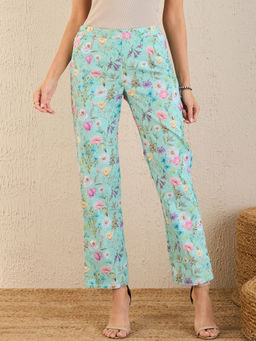 First Resort by Ramola Bachchan - Aquamarine Floral Print Schiffli Straight Pant