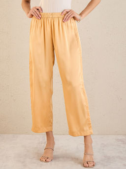 First Resort by Ramola Bachchan - Golden Yellow Pintucked Straight Satin Pant