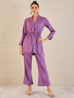 First Resort by Ramola Bachchan - Lilac Semi-Formal Embellished Satin Tunic & Pant (Set of 2)