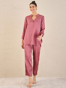First Resort by Ramola Bachchan - Old Rose Embellished Satin Top with Straight Pant (Set of 2)