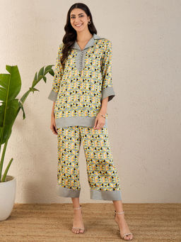 First Resort by Ramola Bachchan - Pale Grey & Lemon Geometric Print Co-Ordinate (Set of 2)