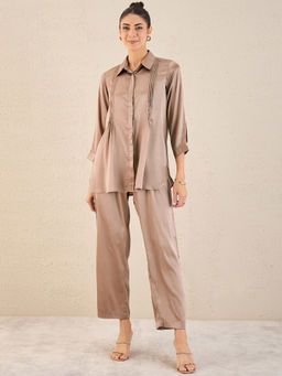 First Resort by Ramola Bachchan - Hazel Brown Pintucked Satin Shirt & Straight Pant (Set of 2)