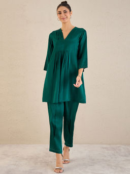 First Resort by Ramola Bachchan - Teal Satin Co-Ordinate with Pleats (Set of 2)