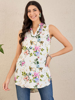 First Resort by Ramola Bachchan - White & Pink Garden Print Sleeveless Top