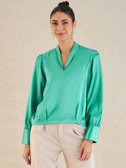 First Resort by Ramola Bachchan - Turquoise Shawl Collar Satin Top