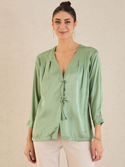 First Resort by Ramola Bachchan - Tea Green Crystal Embellished Satin Top with Bow Detail