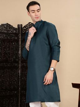 Sanwara - Men’s Denim Blue Kurta with Pyjama in Cotton with Artistic Motifs