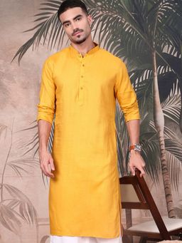 Sanwara - Shimmering Mustard Cotton Kurta with PyjamaSet for Men A Regal Weave of Tradition